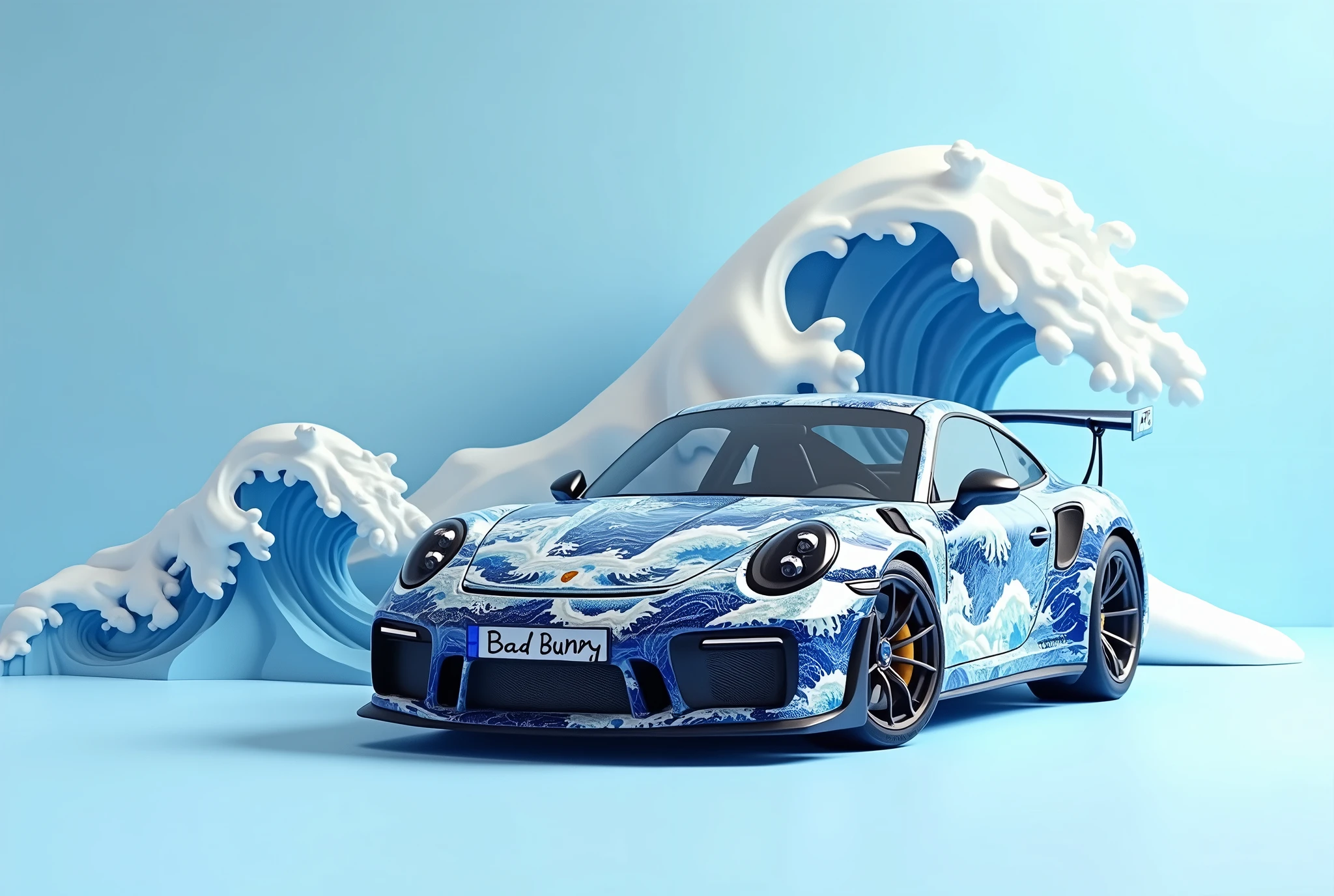 Front full view, Generate a stunning, minimalist scene featuring a Porsche 911 GTS, numberplate reads "Bad Bunny", adorned with intricate Japanese wave art painted on thew car, inspired by Hokusai’s 'The Great Wave off Kanagawa.' The car’s livery seamlessly blends shades of deep blue and white, depicting elegant ocean waves rolling across its sleek body. In the background, a three-dimensional wave sculpture mirrors the car’s design, with soft paper-like textures giving it an artistic and surreal quality. The scene is set against a clean, light blue background, allowing the detailed artwork to take center stage, while the car’s powerful form remains sharp and striking.