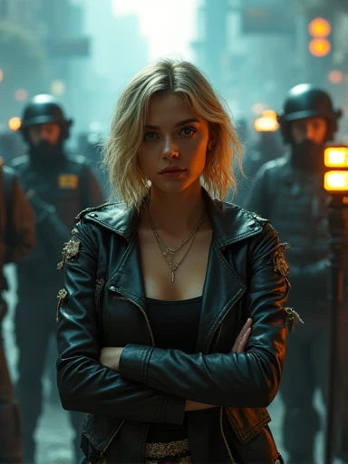 (masterpiece, best quality),an ultra hot gorgeous European woman.age 23. Curvy sexy body.large breast.mid shot, with Blonde hair,A-line haircut, feminine body, ripped clothes, crossed arms pose, in a front of many troopers, LED panel lights arranged in square formation to mimic existing indoor fixtures,A dystopian ghetto controlled by local gangs armed with hacked police weapons like EMP blasters and Taser shotguns, ultra detailed eyes