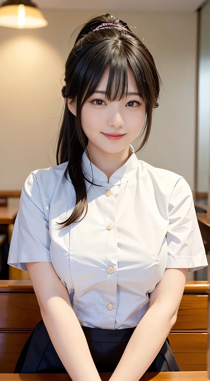 (Highest quality,masterpiece:1.3,Ultra-high resolution,),(Very detailed,Caustics),(Realistic:1.4,RAW shooting,)Ultra-Realistic Capture,Very detailed,High resolution 16K human skin closeup。 Natural skin texture、,pores、、、、It must be detailed enough to be easily identifiable。 Skin tone is even and healthy looking。 Use natural light and color,restaurant,Waitress Uniform,1 person,Japanese,18-year-old,cute,Black-haired,ponytail,Big Breasts,smile,Turn your body forward,(Front view:1.1),Looking into the camera,Cowboy Shot,
