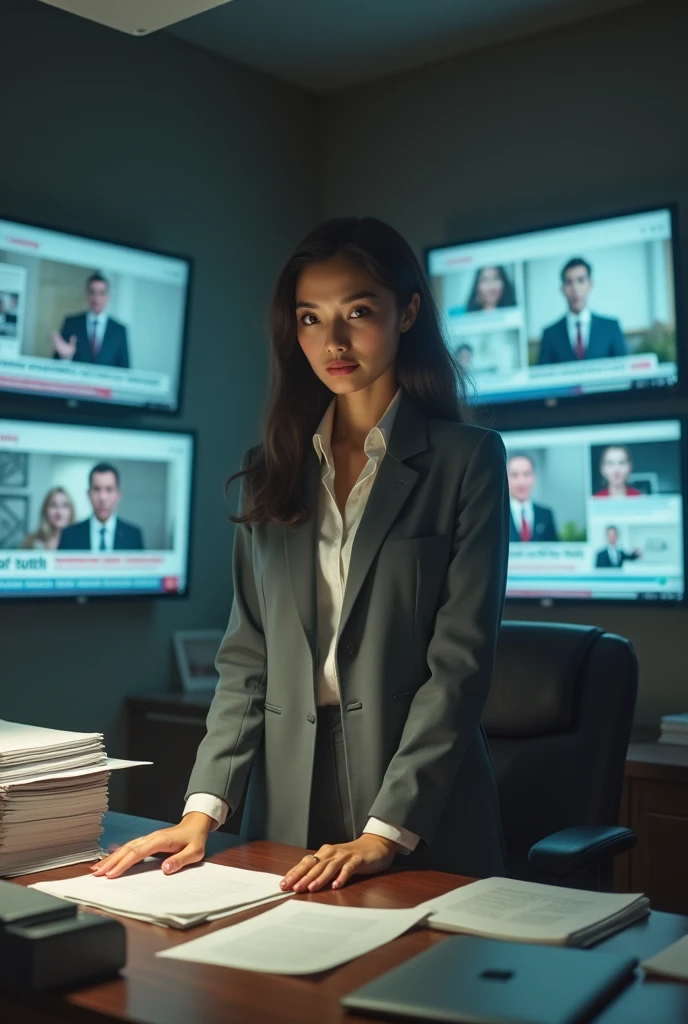 Regenerate Image of eastern woman with bold expressions , not with bold dressing from 1984, working in dept of truth, generating news anout existing government , with less color in image