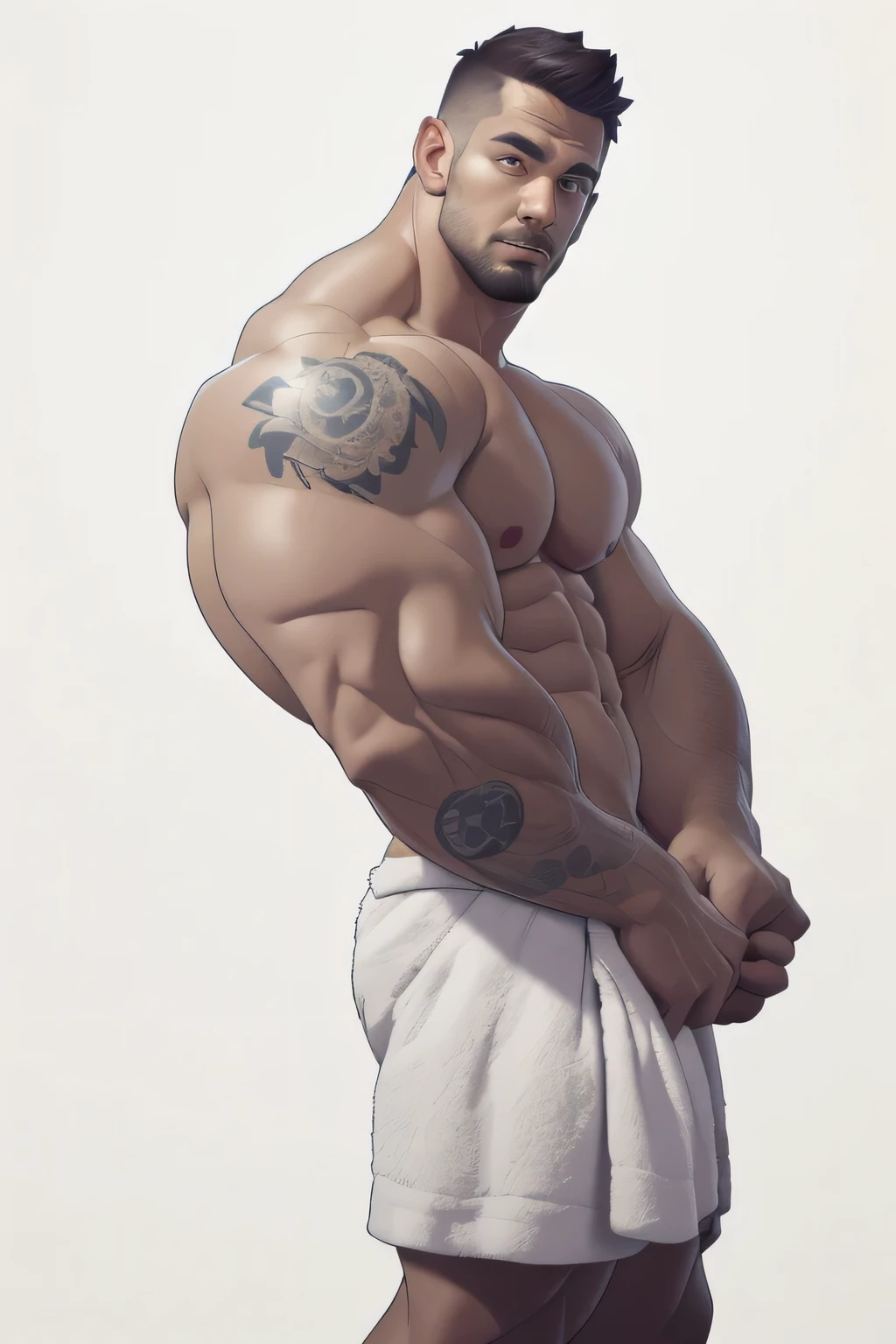 masterpiece, handsome , clear face, clear eyes, best quality, head looking on the side, muscular, bara, shirtless, male , crew haircut hair, large pectorals, huge arms and hands, thick eye browse,towel on his waust, tattooed sleeve, cropped feet, white background