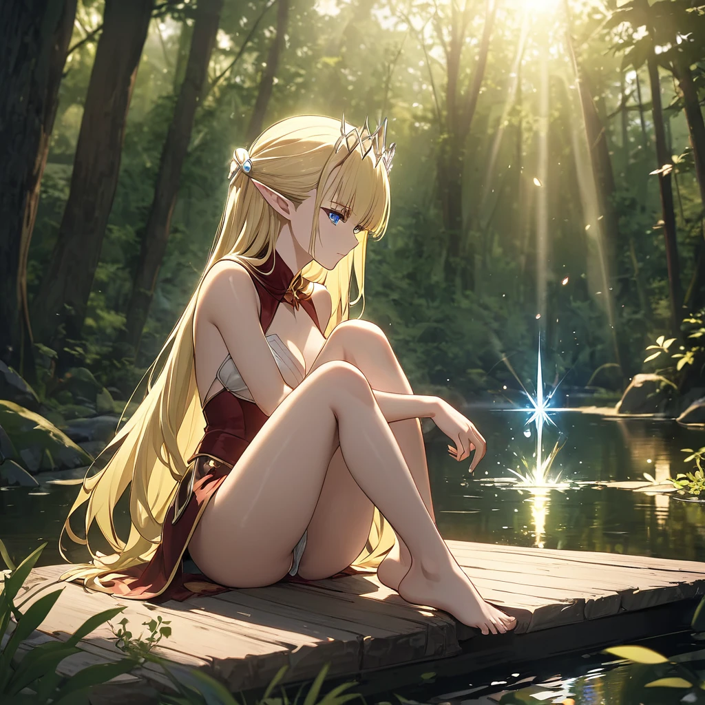 Seras、One of the Elves, Blonde, Long Hair, blue eyes, Forest Lake、Her hair shimmers in the sunlight, creating a magical atmosphere、Forest Lakeの中の岩の上、sit、barefoot、break masterpiece、Beautiful attention to detail:1.2, Perfect lighting, (perfect hand, perfect anatomy)