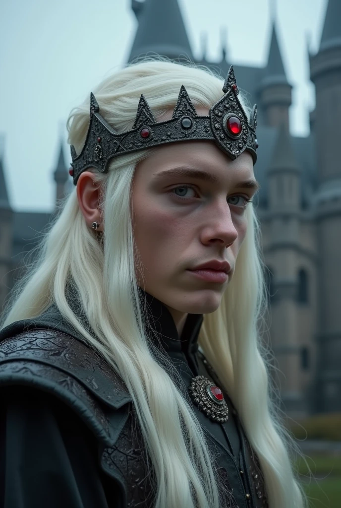 Close up, side view, looking at viewer. A beautiful man of House Targaryen, he's young and handsome, white haired, long straight hair, lightly messy hair, loose down. Wearing a small crown was made of Valyrian steel and had a small circular rubies on it. Gothic castle behind. ((Masterpiece, Best Quality, Highest Image Quality, High Resolution, Photorealism, RAW Photos, 8k)),