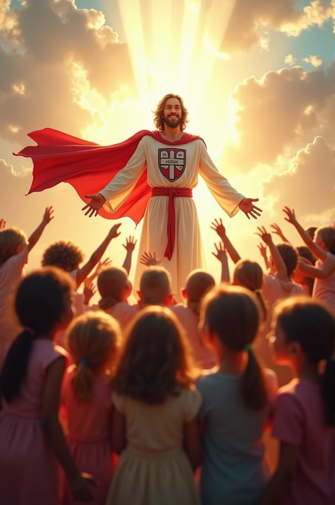 Shield like super hero, In the center there should be Jesus Christ with a cape and children around him and in the background the light of the Holy Spirit