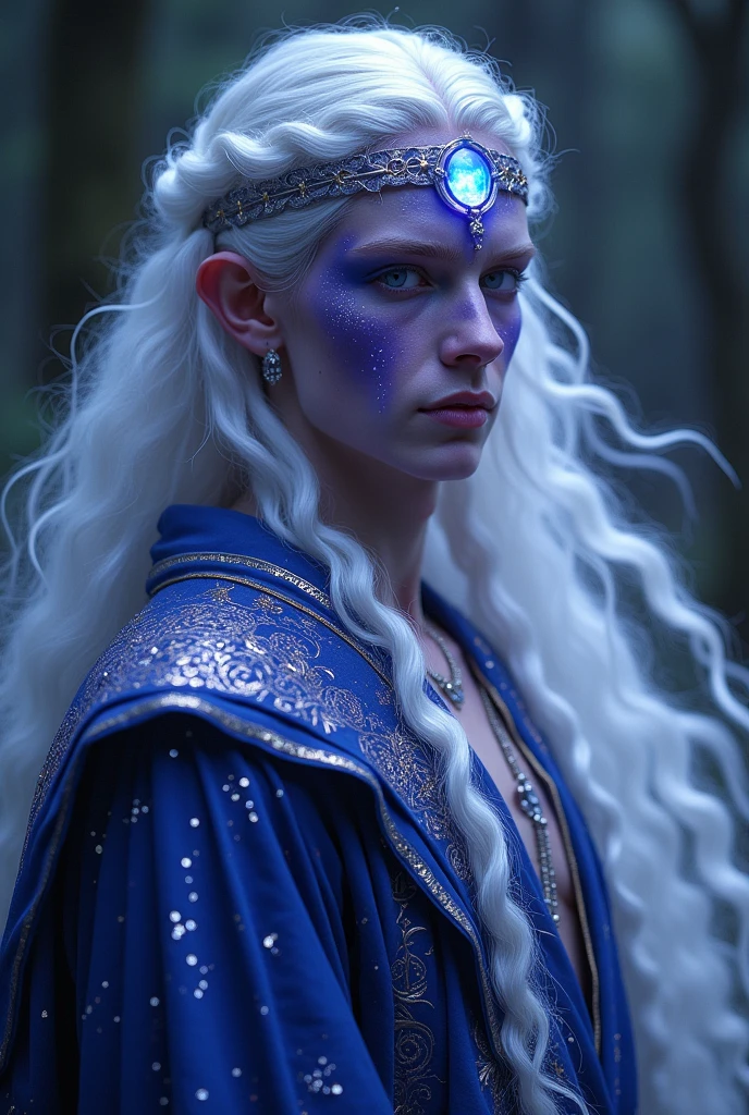 





**Skin:** Lumis has a radiant, luminous complexion akin to the Star Touch Elves from "The Dragon Prince." His skin appears almost ethereal, with a subtle glow that suggests a connection to celestial or arcane powers. The hue of his skin is a deep, midnight faded purple with faint constellations and star-like specks that shimmer softly in the light.

**Hair:** His hair is long, flowing down to his lower back in a sleek, silky texture. The color is a brilliant silver, with an almost metallic sheen that reflects light in a way that makes it look like flowing liquid moonlight. His hair is typically kept loose, with a few strands occasionally braided with delicate silver threads that add to his mystic appearance.

**Eyes:** Lumis’s eyes are bright and captivating, with irises that resemble a swirling galaxy of blues, purples, and silvers. His pupils are a striking white, further enhancing the otherworldly quality of his gaze.

**Clothing:** Lumis wears clothing reminiscent of the Star Touch Elves, crafted from fine, dark fabrics that shimmer with an iridescent quality. His outfit is a mix of flowing robes and fitted garments that exude both elegance and strength. The primary color of his attire is a deep, starlit indigo, with intricate silver embroidery depicting constellations and arcane symbols. His robes are layered and flow gracefully as he moves, with a high collar and long sleeves that end in silver-trimmed cuffs.

- **Jewelry:** He wears a delicate silver circlet on his forehead, inlaid with a single opalescent gem that catches the light 