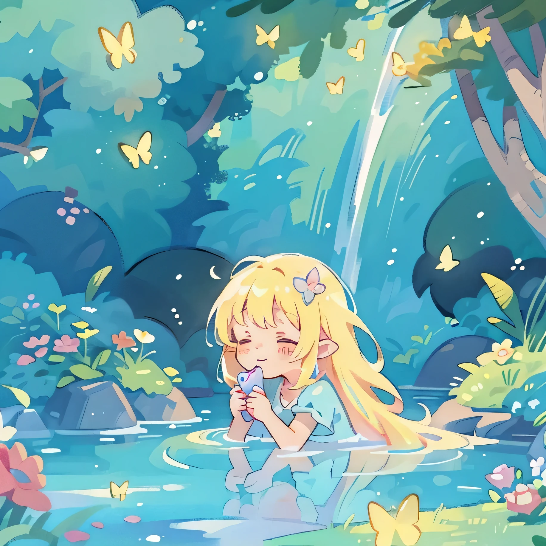 picture book illustration, watercolor storybook illustration, vibrant pastel colors, dreamy, colorful, whimsical, magical, masterpiece, best quality, sharp focus, intricately detailed environment, fine detail, 8k resolution, waterfall lagoon, water nymph girl, (magical lagoon), (waterfall, lake), (beautiful girl swimming in water), glowing lights, fireflies, glowing butterflies, glowing pixies