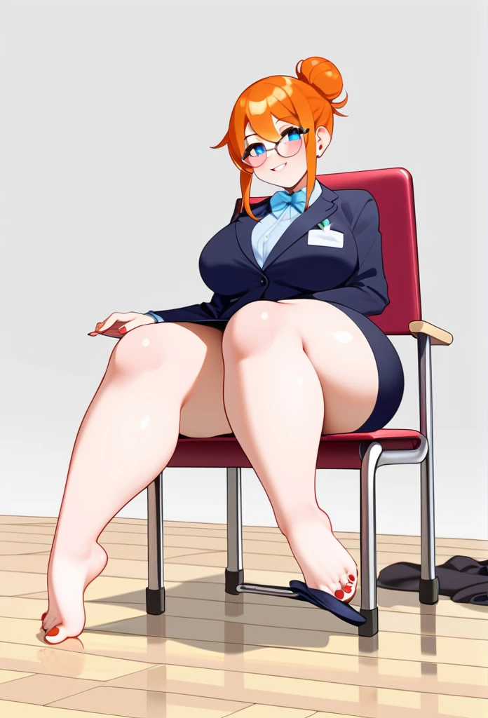 pale woman, 50 years old, ginger hair in a bun, glasses, tight black blazer, black pencil skirt, barefoot, small feet, 5 toes on each foot, nail polish, thick thighs, large thighs, wide hips, strict teacher, full body shown including feet, resting her feet, sitting on her chair, removed black pumps on the floor, голая пизда, голые сиськи, сиськи 10 размера, ультрадеталезированные соски, потные ножки, ахегао на лице, сперма на пизде, мужские члены около её лица, члены 40 см,