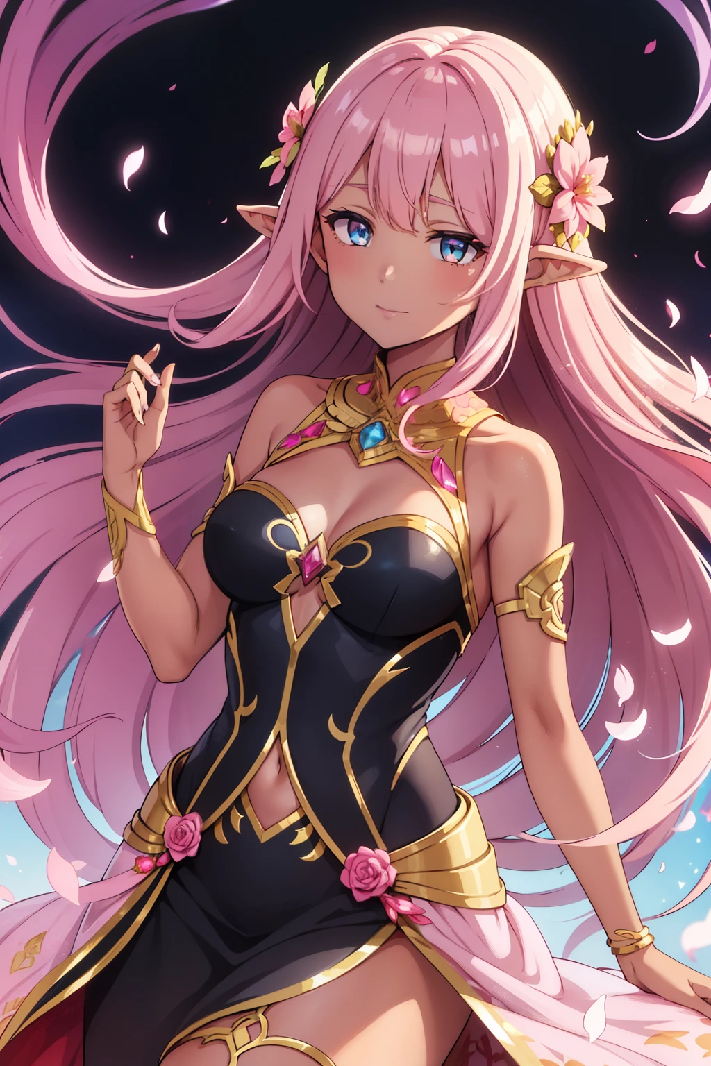 (high-quality, breathtaking),(expressive eyes, perfect face) 1girl, female, solo, ager, Symmetrical Eyes, portrait, pink hair color, floating hair, levitating hair, pink eye color, long hair length, positive expression, charming smile, elegant black dress, glowing hair, narrow eyes, water, smoke like hair, hair like Eris sinbad, dark tanned skin, slightly brown skin color, magic hair, goddess power of passion, nymph, pink embers, hair ornament, flower petals, halfbody, long dress