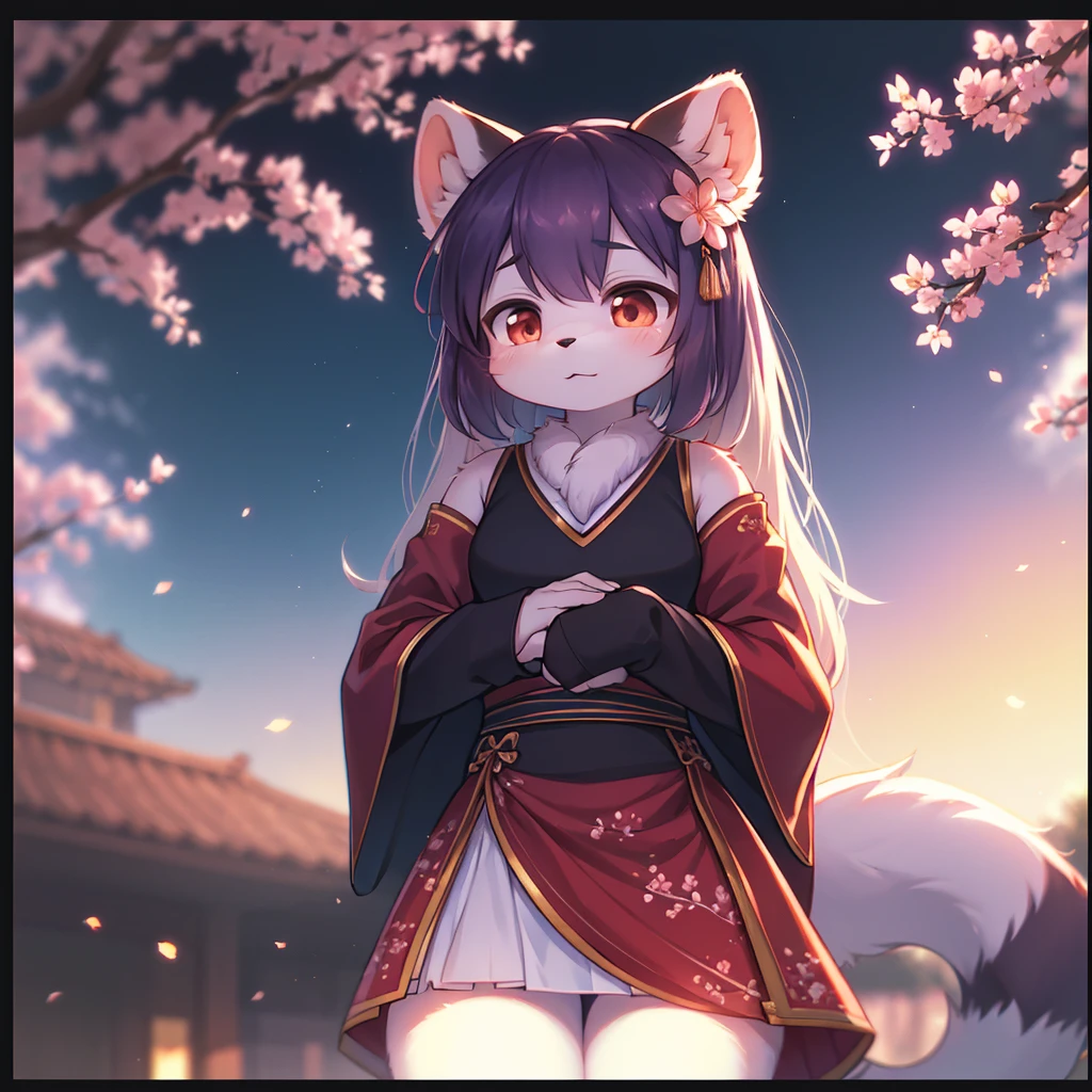 Serious,purple_hair,purple eyes,Ponytail,Sitting,long sleeves,flower_petals ,cherry blossoms,waterfall,shrine,anime,Cinematic Lighting,style of a anime,highres,comic,upper body,anime coloring,furry,anthro, uploaded_on_e621, fox_boy,purple _white_fur, body_fur, furry_kemono, furry_male, detailed_fluffy_fur, fox_tail, animal_nose, animal_ear_fluff, fox_ears, fluffy_fox_paws, pawpads, handsome,4k,Indian style,solo,chinese clothes,expressionless, looking up,foggy,