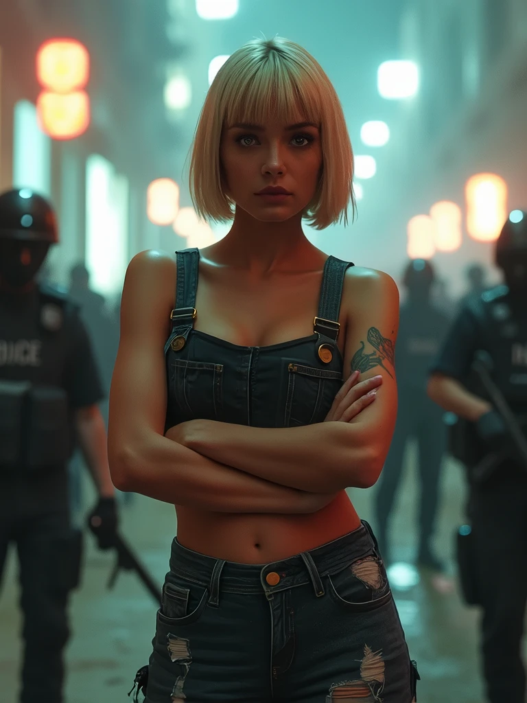 (masterpiece, best quality),an ultra hot gorgeous European woman.age 23. Curvy sexy body.large breast.mid shot, with Blonde hair,A-line haircut, feminine body, ripped clothes, crossed arms pose, in a front of many troopers, LED panel lights arranged in square formation to mimic existing indoor fixtures,A dystopian ghetto controlled by local gangs armed with hacked police weapons like EMP blasters and Taser shotguns, ultra detailed eyes