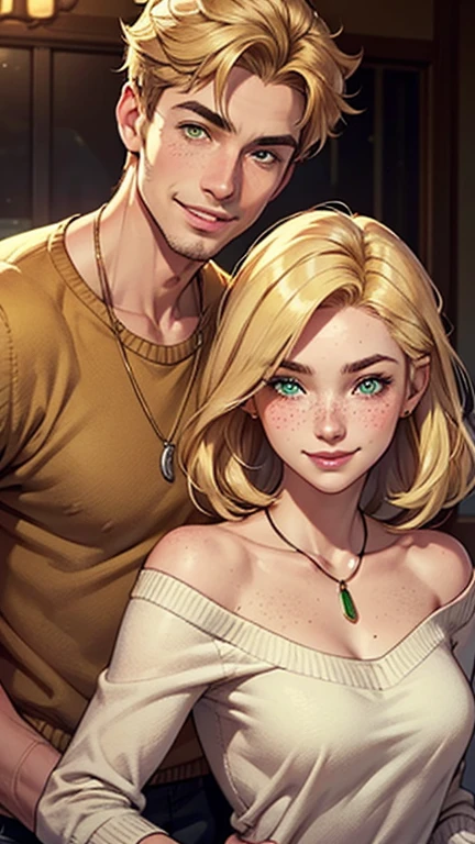 a man in a sweater, a man, a beautiful woman with brown hair, a cute young blonde girl, She is blonde, A blonde woman, a young blonde woman, brown head, neckleace, one is short blonde blonde, cute freckles, beautiful seductive smile, with blond hair and green eyes, beautiful and smiling, smiling seductively.