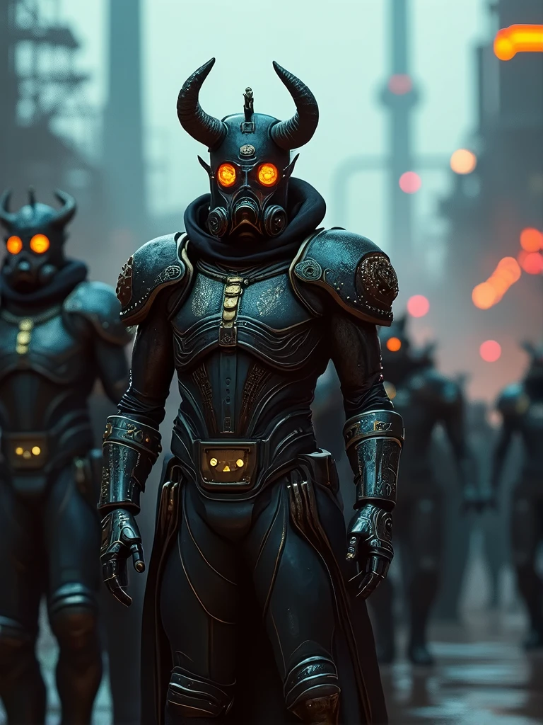A highly detailed digital, ((anamorphic, surrealistic, splash art:1.5)) painting of 5 neon-infused Grimm knights, sinister biomechanical humanoid figures with tentacled faces inspired by Cthulhu, dramatic lighting, neon cyberpunk colors, intricate armor and machinery, cinematic composition, hyper-realistic, impactful, eerie, unsettling atmosphere