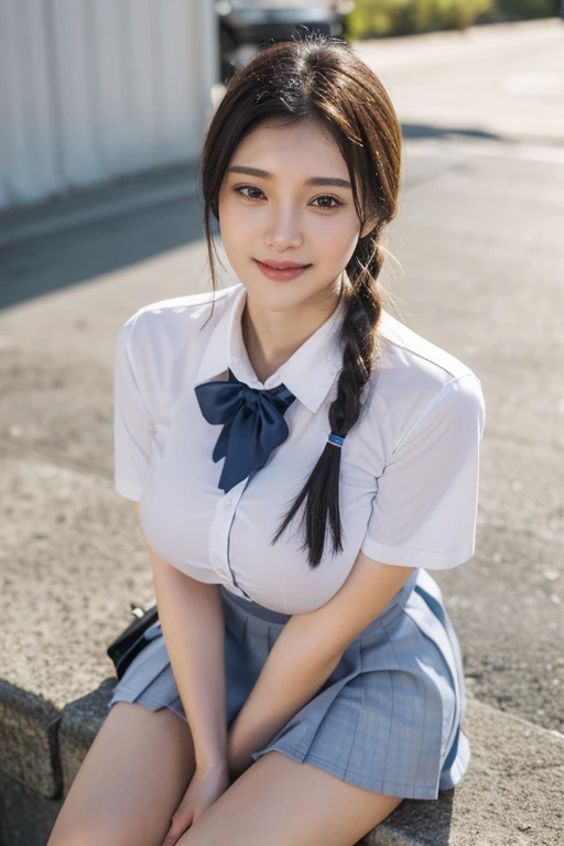 ((Wearing a high school uniform:1.4)), ((white short Sleeve shirt, blue grey short skirt))、((Ultra-realistic image quality:1.4)),The highest masterpiece,ultra HD,4K,((Smile))、bionde、Sexy Face、Short ponytail hair,((One woman:1.5))、Three people lined up、Clothes are wet、Hair tied up、Wet、Full body photo、Sexy Face、A look of complete lust、(((masterpiece)))、((Highest quality))、((超Realistic))、perspective、Very detailed、The perfect temptation、Best image quality、Fine-grained image quality、beautiful、European,Realistic, High resolution, Soft Light,Hip Up, large round breasts, huge round breasts, Glowing Skin, (Detailed face)jewelry, Wavy Hair,attractive appearance, Perfect Style,C cup 、 Perfect balance, close-up shot from above,