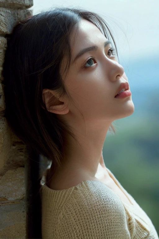 A hyper-realistic, photo-like image taken from a low-angle shot from the ground up, capturing the upper body of a person from the waist up. The perspective emphasizes the underside of the chest, with detailed textures in the skin, clothing, and shadows. The lighting is natural, with soft shadows highlighting the contours of the face and neck. The background is out of focus, ensuring the focus remains on the person from this dramatic, upward-looking viewpoint.