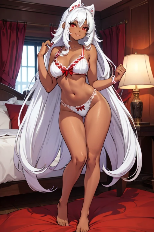 female, white long hair, red eyes, dark skin, (((1girl))), (((white pajama nighty))), (white lace panties), cute and sexy, full body, large breasts, long legs, smiling