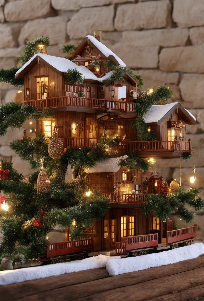 Wooden calendar house，Above it is a wooden train，Behind it is a row of Christmas cabins