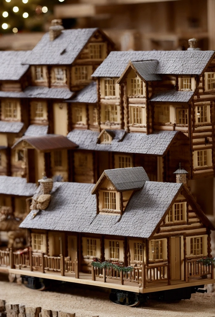 Wooden calendar house，Above it is a wooden train，Behind it is a row of Christmas cabins