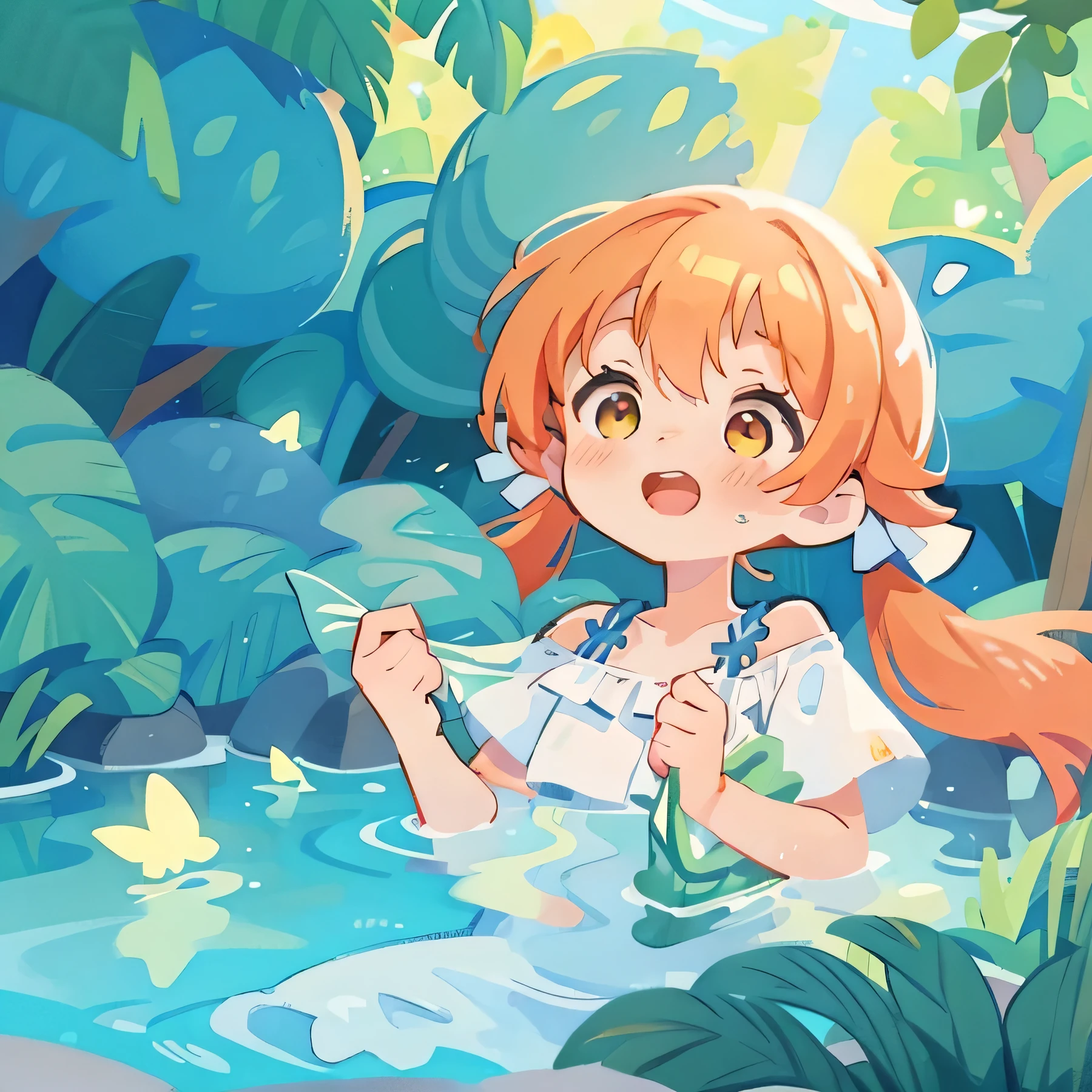 picture book illustration, watercolor storybook illustration, vibrant pastel colors, dreamy, colorful, whimsical, magical, masterpiece, best quality, sharp focus, intricately detailed environment, fine detail, 8k resolution, waterfall lagoon, water nymph girl, (magical lagoon), (waterfall, lake), (beautiful girl, Orange hair, swimming in water), glowing lights, fireflies, glowing butterflies, glowing pixies