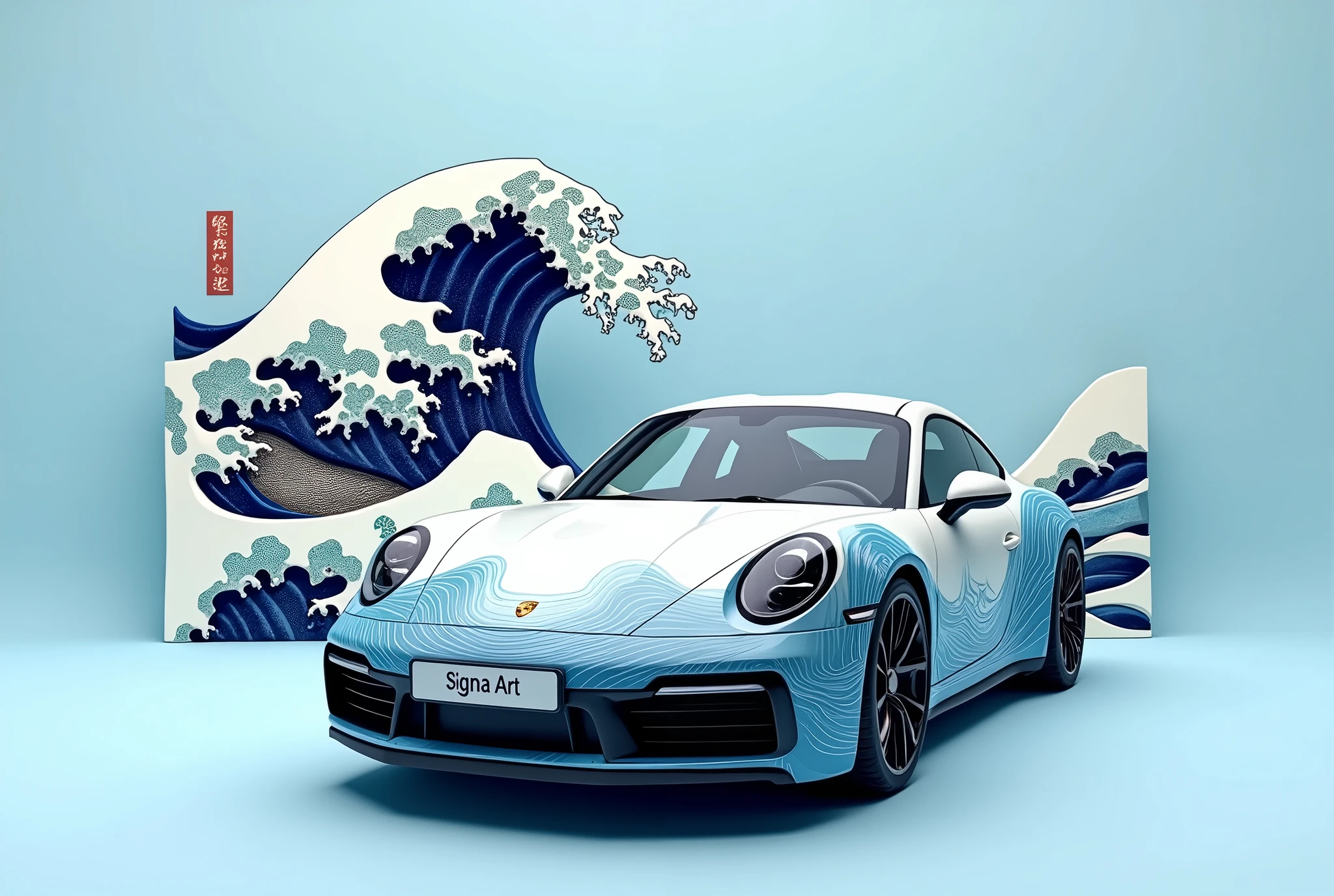 Front full view, generate a stunning, minimalist scene featuring a Porsche 911 GTS, numberplate reads "Sigma Art", adorned with intricate Japanese wave art painted on thew car, inspired by Hokusai’s 'The Great Wave off Kanagawa.' The car’s livery seamlessly blends shades of deep blue and white, depicting elegant ocean waves rolling across its sleek body. In the background, a three-dimensional wave sculpture mirrors the car’s design, with soft paper-like textures giving it an artistic and surreal quality. The scene is set against a clean, light blue background, allowing the detailed artwork to take center stage, while the car’s powerful form remains sharp and striking.