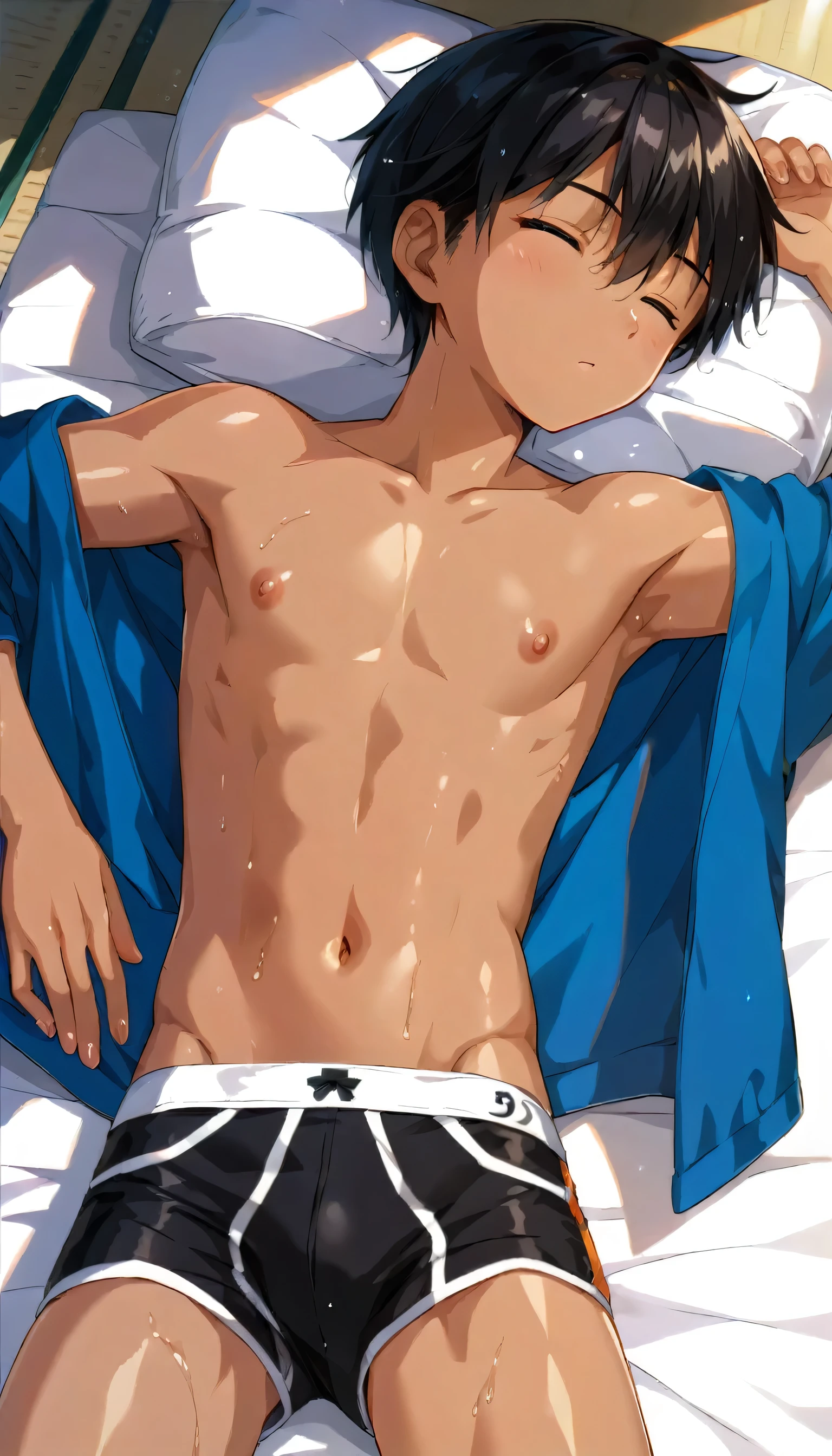 high quality, (two japanese boy sleeping), (black short hair), (dark wet skin), black briefs, summer noon,