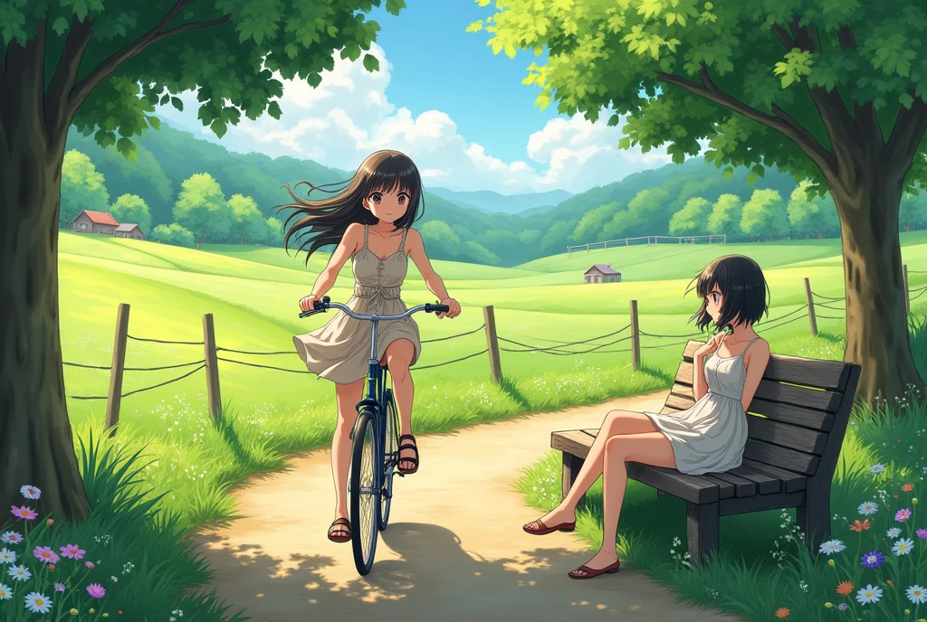 a girl riding a bicycle, a girl resting on a bench, anime style, detailed facial features, detailed clothing, detailed environment, (best quality,8k,highres,masterpiece:1.2),ultra-detailed,(realistic,photorealistic,photo-realistic:1.37),vibrant colors,natural lighting,peaceful countryside landscape,detailed foliage and trees,sun rays,soft shadows,warm color palette,tranquil atmosphere,relaxing scene