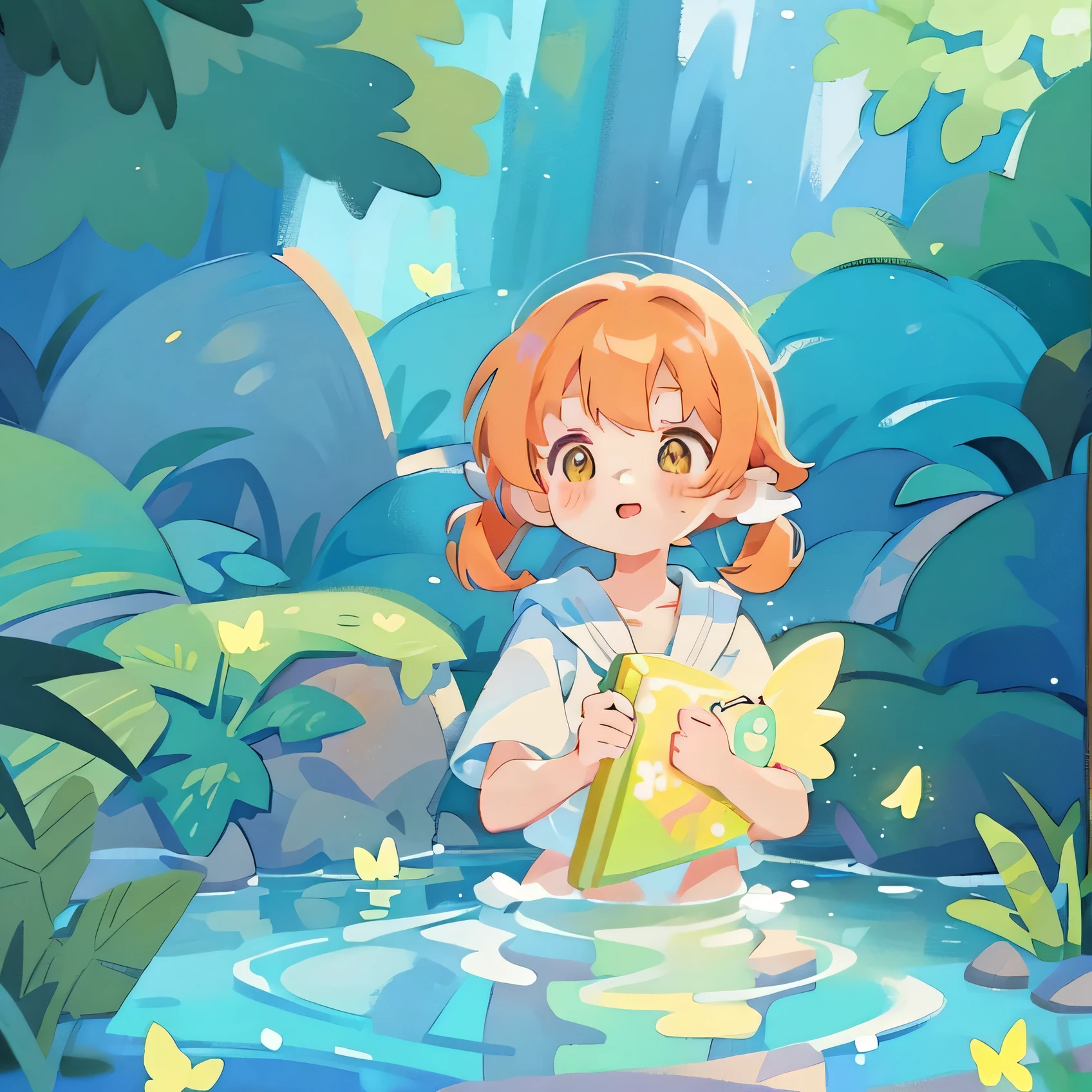 picture book illustration, watercolor storybook illustration, vibrant pastel colors, dreamy, colorful, whimsical, magical, masterpiece, best quality, sharp focus, intricately detailed environment, fine detail, 8k resolution, waterfall lagoon, water nymph girl, (magical lagoon), (waterfall, lake), (beautiful  girl, Orange hair, swimming in water), glowing lights, fireflies, glowing butterflies, glowing pixies