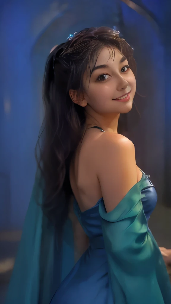 masterpiece, best quality, julia fe, 1girl, solo, long hair, looking at viewer, blush, smile, negative space, (bioluminescence:1.2), darkness, dark background, long sleeves, dress, bare shoulders, medium breasts, very long hair, wide sleeves, cape, white dress, circlet