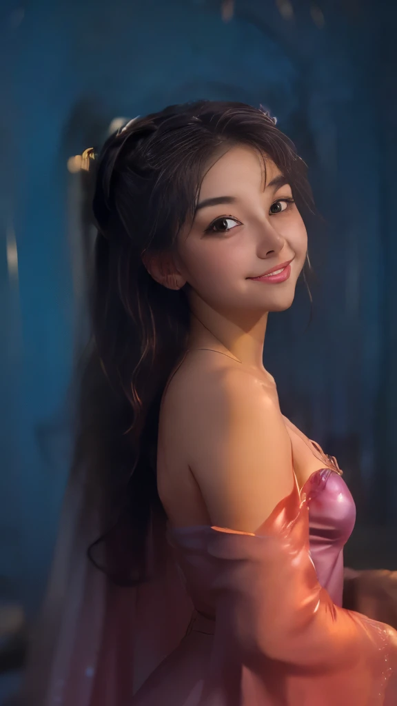 masterpiece, best quality, julia fe, 1girl, solo, long hair, looking at viewer, blush, smile, negative space, (bioluminescence:1.2), darkness, dark background, long sleeves, dress, bare shoulders, medium breasts, very long hair, wide sleeves, cape, white dress, circlet