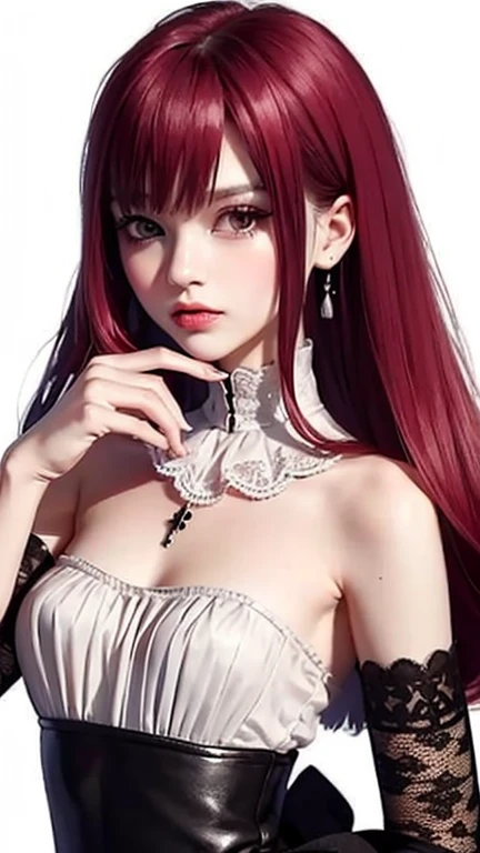 ((masterpiece: 1.4, 最high quality))+,(Super detailed)+, Official Art, unity 8k wallpaper, Super detaileded, beautiful, high quality, beautiful, masterpiece, 最high quality, (Flat Chest), whole body, Character portrait, White Background, Red Straight Hair, , White Theme, Red Jewelry, stud, Black lace flats, Asymmetrical Skirt, skeleton, Lots of lace