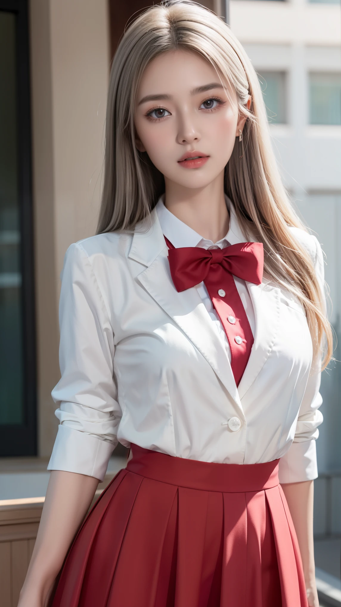 Realistic, High resolution, Soft Light,1 female, alone, Hips rise high, (Detailed face),(Female student)（(Girl sitting on train))，Colorful Hair、Shortcuts，wear、(White blazer emblem on chest)、(Translucent white blouse)、(Red bow tie)(Check skirt),Long Hair、(ponytail)、((Under the skirt)）、（White lace panties are visible）、(close your eyes),(Spread your legs)