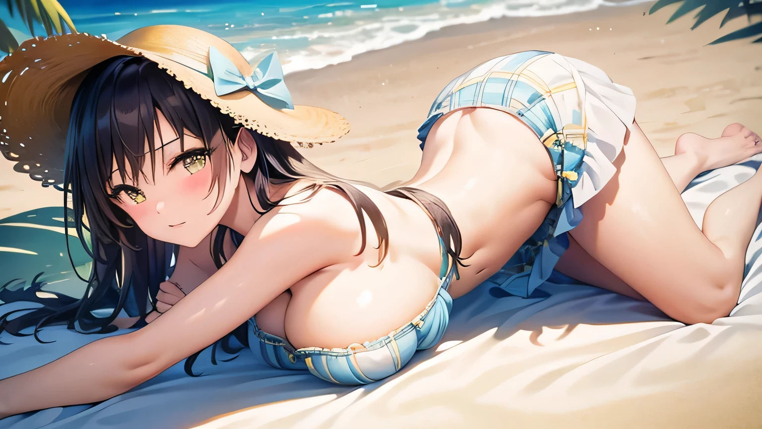 off-shoulder bikini　yellow　Gingham Plaid、Lace ribbon bikini　yellow、Big Breasts、Beautiful feet、Aroused expression、Black Hair　long hair、Seaside　blue sky　Palm tree　Beach parasol、Picnic sheet　On all fours　Sexy pose、Firm stomach、Wet　whole body、Straw hat