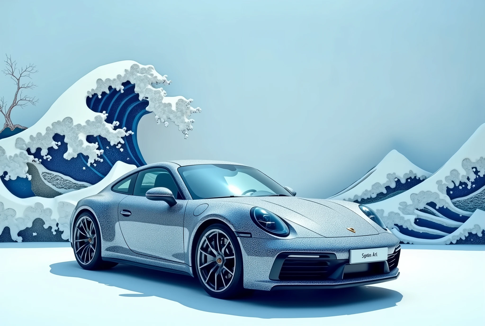 generate a stunning, minimalist scene featuring a Porsche 911 GTS, numberplate reads "Sigma Art", adorned with intricate Japanese wave art painted on thew car, inspired by Hokusai’s 'The Great Wave off Kanagawa.' The car’s livery seamlessly blends shades of deep blue and white, depicting elegant ocean waves rolling across its sleek body. In the background, a three-dimensional wave sculpture mirrors the car’s design, with soft paper-like textures giving it an artistic and surreal quality. The scene is set against a clean, light blue background, allowing the detailed artwork to take center stage, while the car’s powerful form remains sharp and striking.