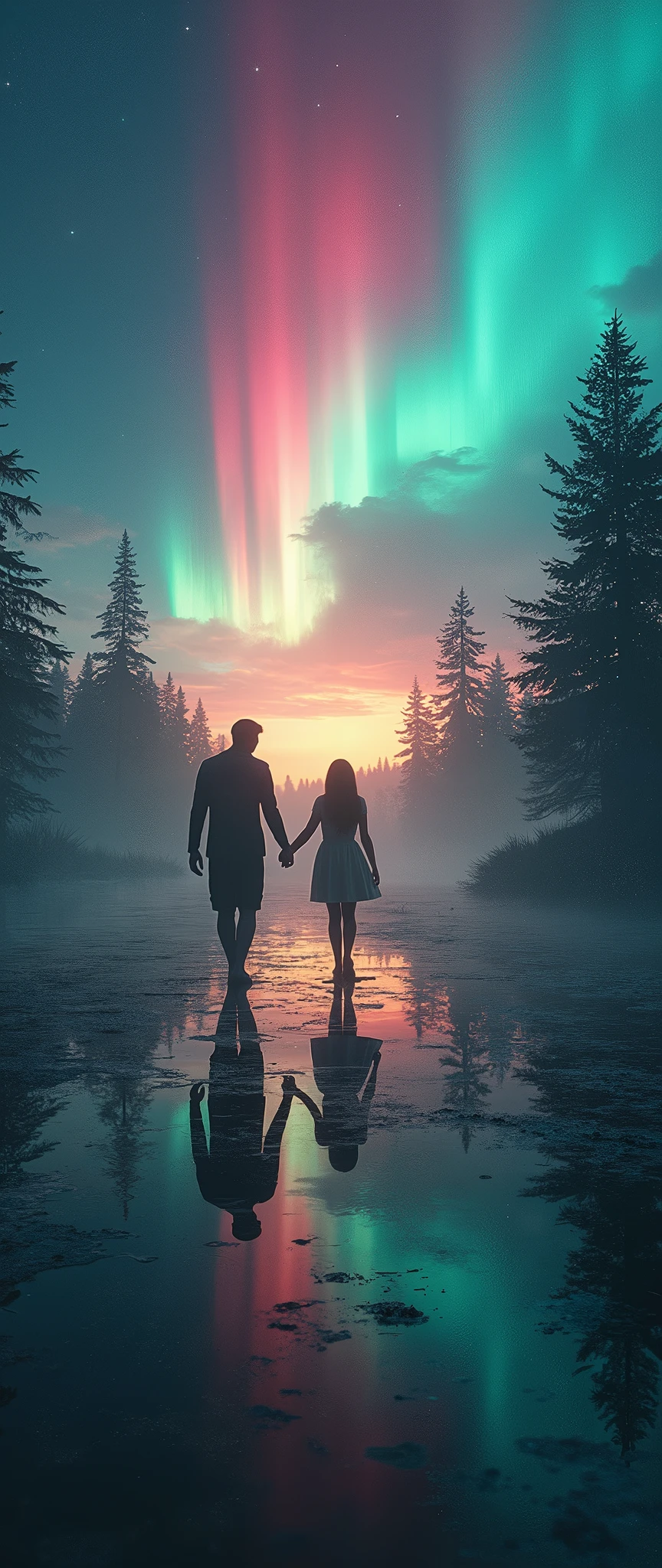(masterpiece:1.2,Distinguished Quality,Mirror-like,Cinematic Experience),8k,wallpaper,Aurora,dynamic,(Diffuse reflection of light:2.0),family,mysterious,Fantasy
