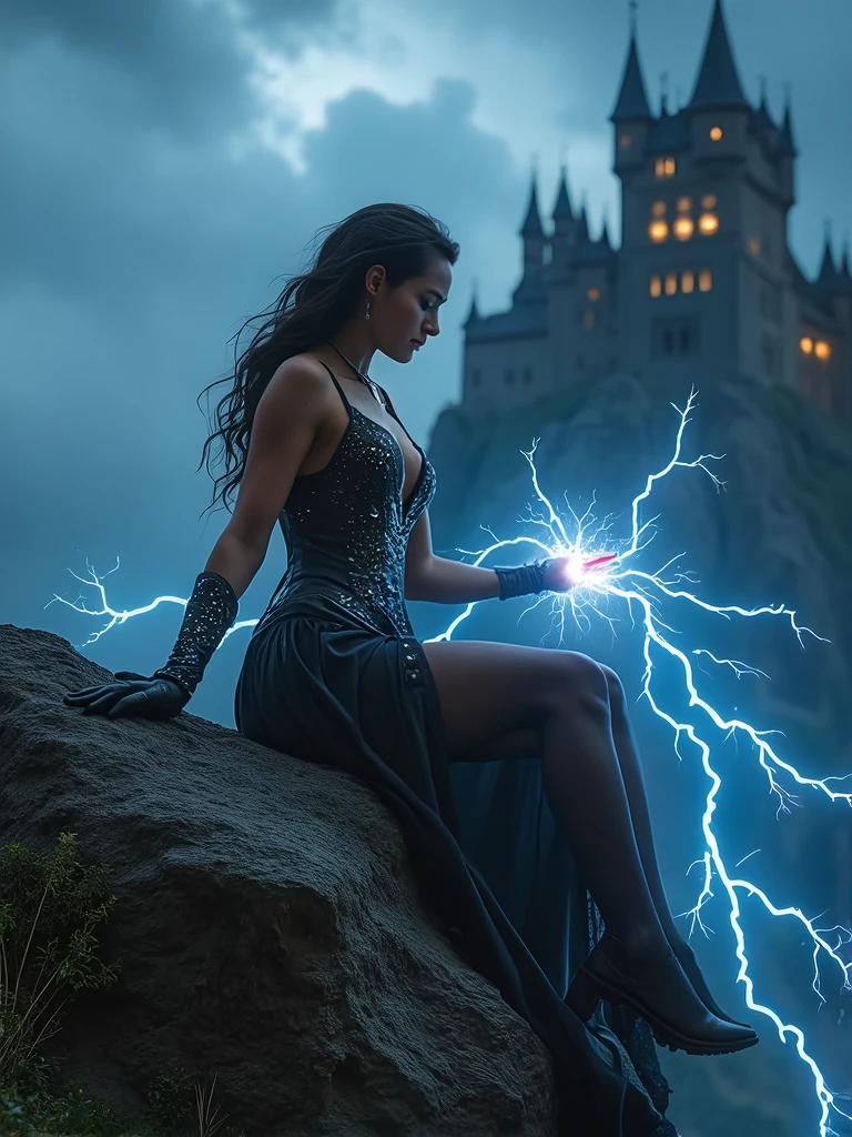 A ultra hot gorgeous European woman, 23 years old. She’s a playmate and men magazine model. (Powerful and mysterious wild sorceress).
Smile, sitting on a rock, ((Legs wide open)). Casting magic Lightnings from her hands, detailed leather dress, clothing with gemstones and fractal patterns engraved (She's not wearing any panties showing her naked shaved pussy)
BREAK
background castle on a cliff, black clouds, storm, lightning in the dark sky.
BREAK
Full body shot. Ultra realistic Photography.highly detailed, sharp focus, sci-fi, dystopian, backlight, dark fantasy.