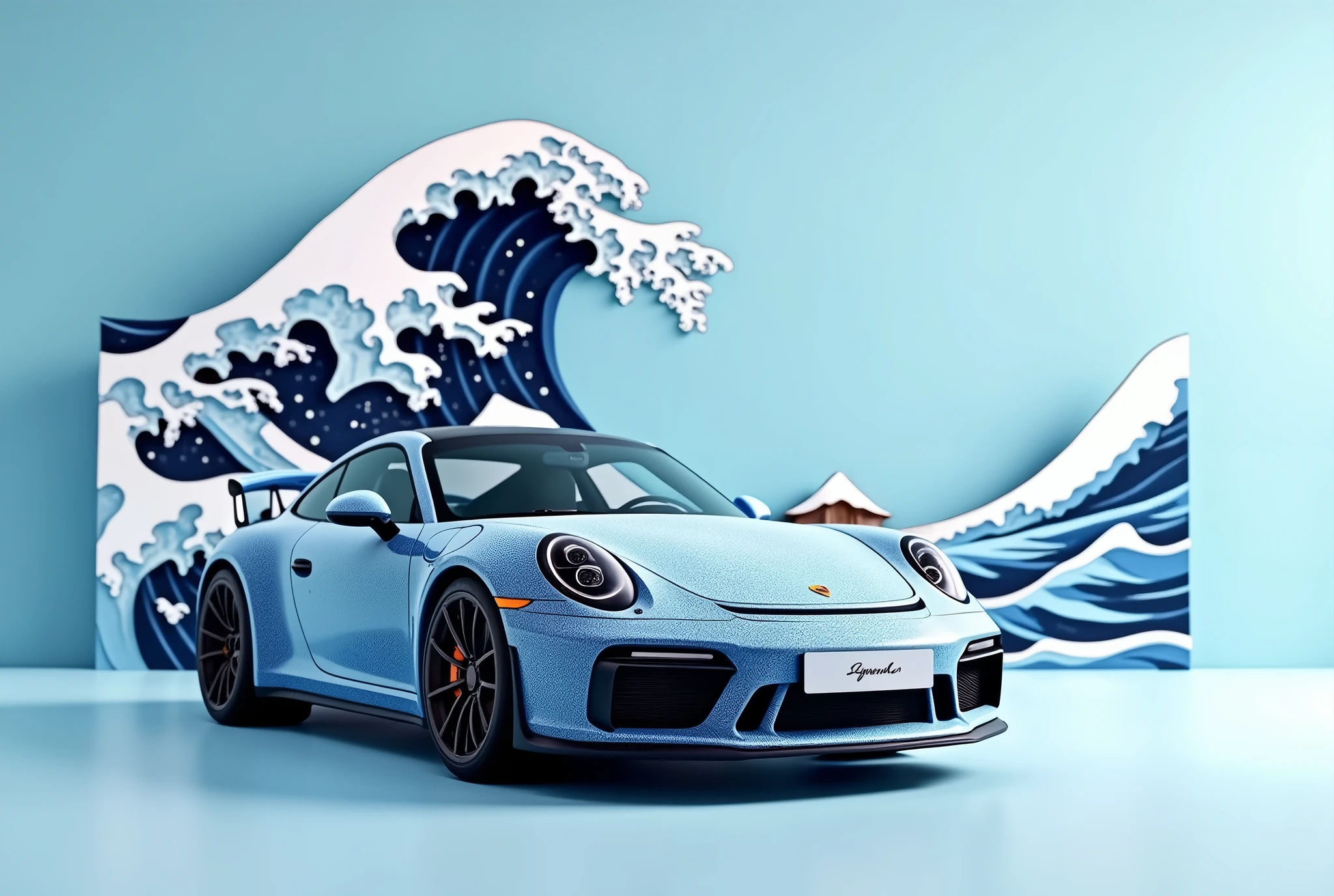 generate a stunning, minimalist scene featuring a Porsche 911 GTS, numberplate reads "Sigma AI Art", adorned with intricate Japanese wave art painted on thew car, inspired by Hokusai’s 'The Great Wave off Kanagawa.' The car’s livery seamlessly blends shades of deep blue and white, depicting elegant ocean waves rolling across its sleek body. In the background, a three-dimensional wave sculpture mirrors the car’s design, with soft paper-like textures giving it an artistic and surreal quality. The scene is set against a clean, light blue background, allowing the detailed artwork to take center stage, while the car’s powerful form remains sharp and striking.