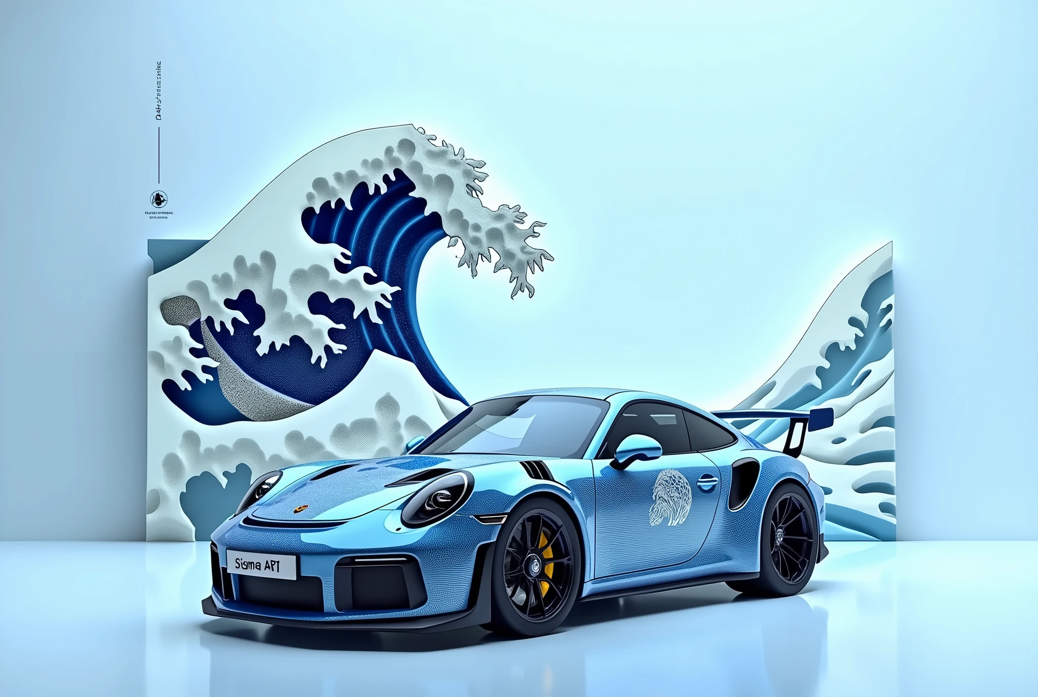 generate a stunning, minimalist scene featuring a Porsche 911 GTS, numberplate reads "Sigma AI Art", adorned with intricate Japanese wave art painted on thew car, inspired by Hokusai’s 'The Great Wave off Kanagawa.' The car’s livery seamlessly blends shades of deep blue and white, depicting elegant ocean waves rolling across its sleek body. In the background, a three-dimensional wave sculpture mirrors the car’s design, with soft paper-like textures giving it an artistic and surreal quality. The scene is set against a clean, light blue background, allowing the detailed artwork to take center stage, while the car’s powerful form remains sharp and striking.