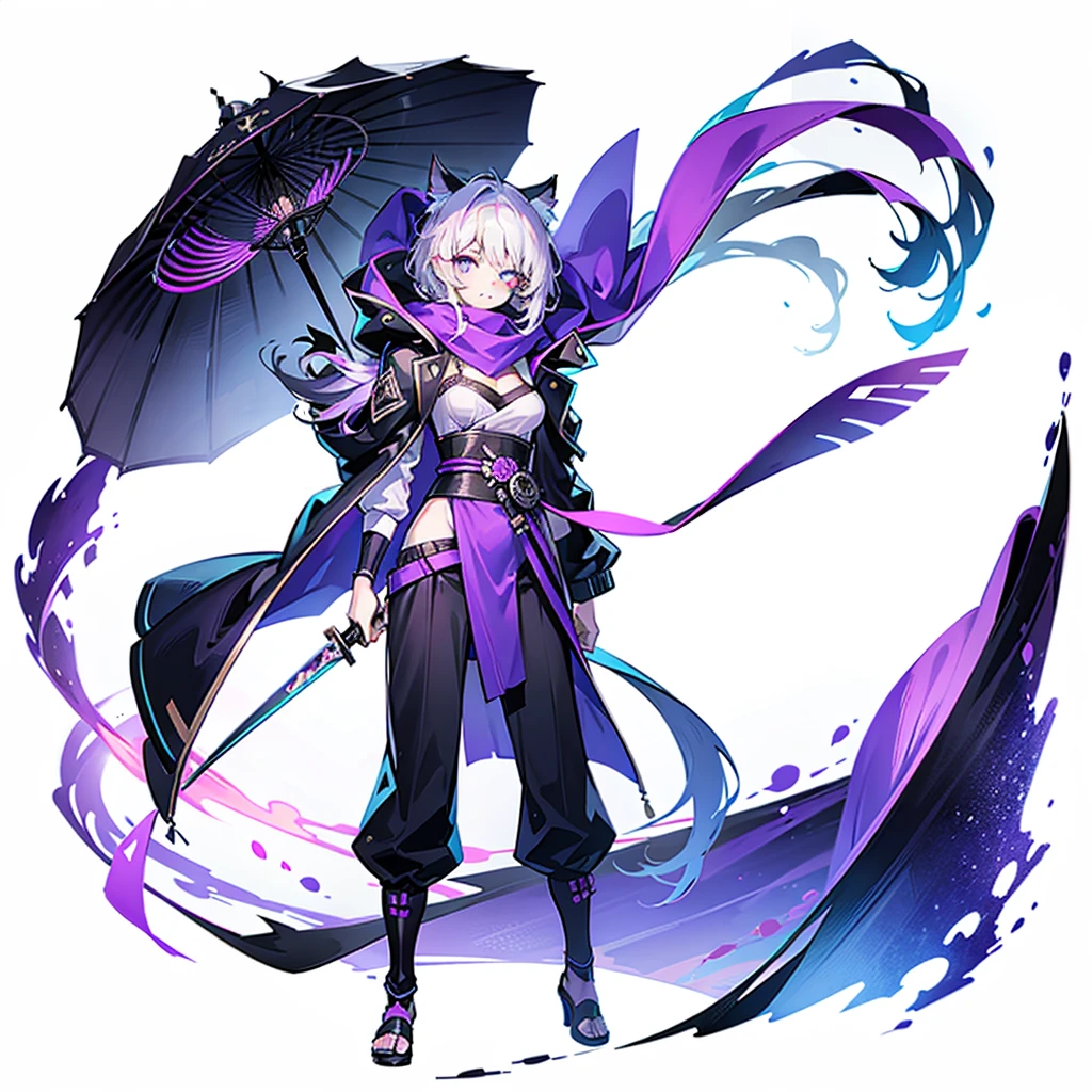 1个Giant Breast Girl,solo,( picture),(((white color hair))),(flatchest),Delicate face and beautiful eyes,Delicate hair,A particularly long strand of side hair),(Cat Ear Hood),One eye is covered by a hood,scarf,(White background 1::5),standing painting style,((Full body lesbian)),(Detailed eyes),Leg straps,Purple and black cyberpunk jacket,long trousers,Samurai sword,Lightning background