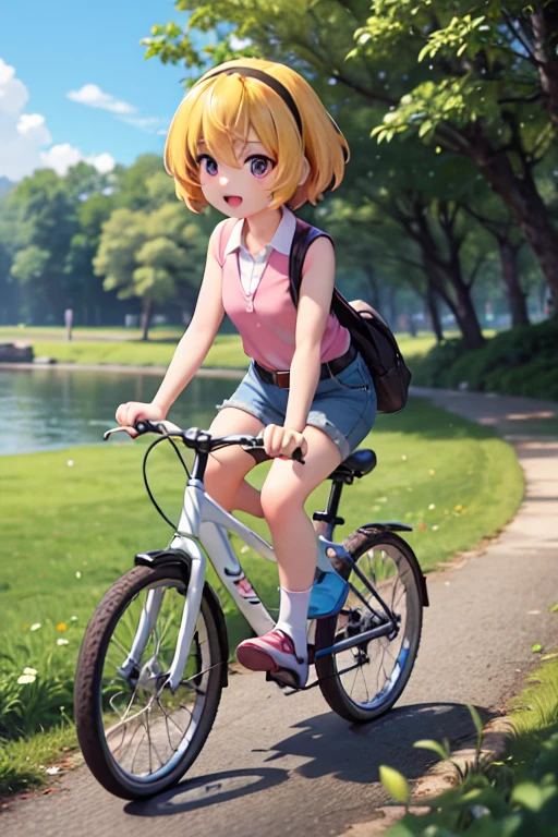 Cycling in nature, (ride a bicycle), (Houjou_Satoko), 1 female, solo,  (Yellow Hair), blonde, Purple eyes, short hair, hair band, Small breasts, 11 years old, Collared shirt,Sleeveless shirt,Pink Shirt,  White Belt, (Denim shorts), Attention to detail, Lush forest, Beautiful riverside, Blue sky, Sunshine pours down,  chibi figure, full body