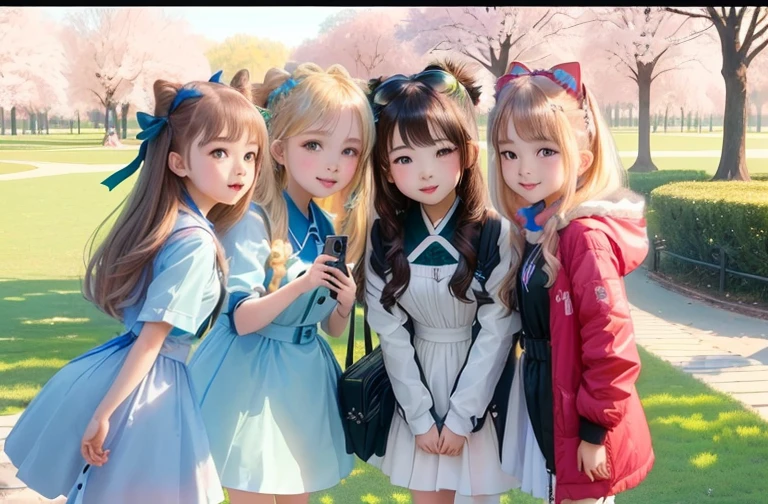 There are three children standing in the park, taking a selfie., 8 K)), 8 K selfie photograph, young girls, very very low quality picture, low quality video, beautiful girls, Russian-Japanese mix, Lovely girls, access, profile picture, young woman, very very low quality, tik tok video, miku, three women, 3 Spring