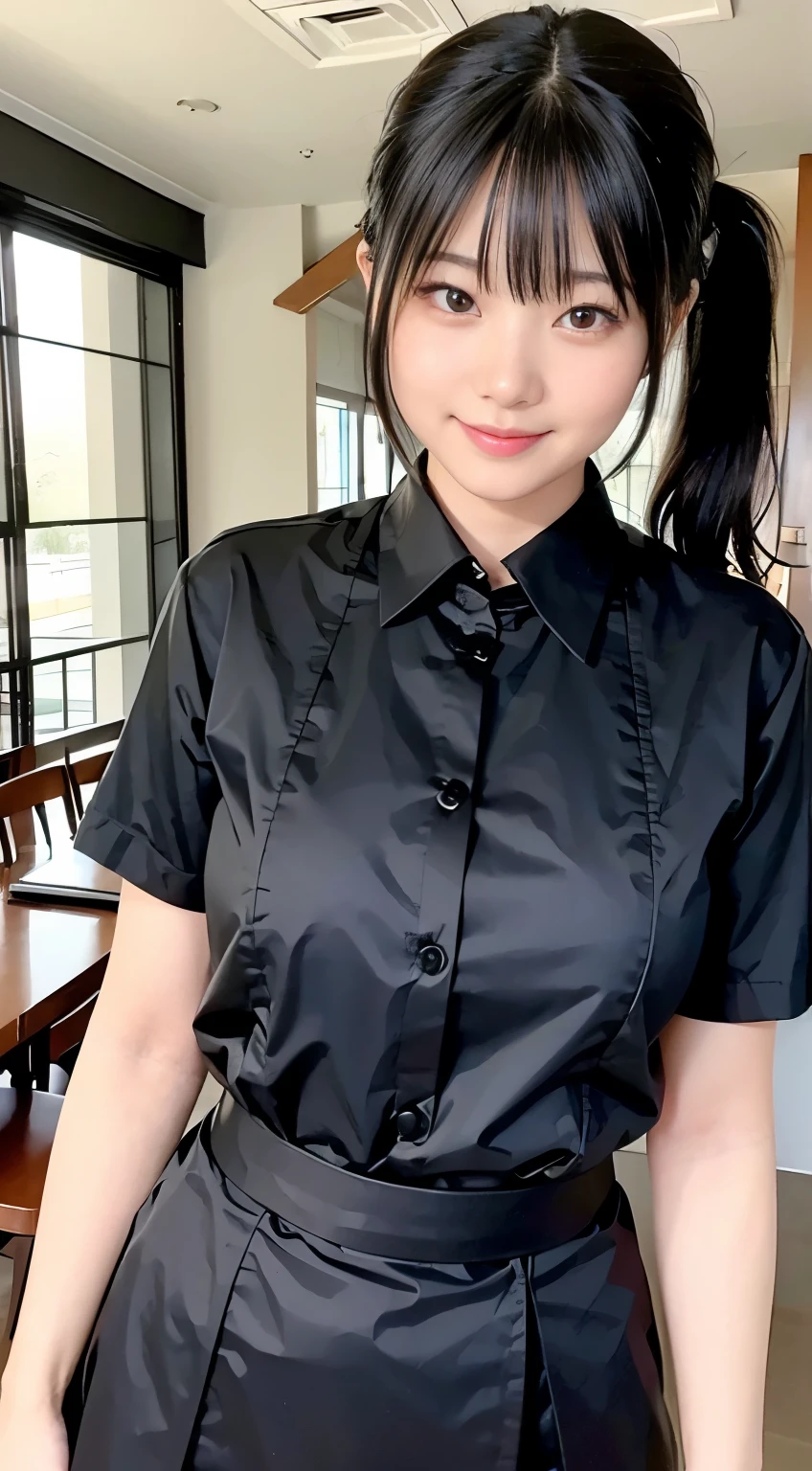 (Highest quality,masterpiece:1.3,Ultra-high resolution,),(Very detailed,Caustics),(Realistic:1.4,RAW shooting,)Ultra-Realistic Capture,Very detailed,High resolution 16K human skin closeup。 Natural skin texture、,pores、、、、It must be detailed enough to be easily identifiable。 Skin tone is even and healthy looking。 Use natural light and color,restaurant,Waitress Uniform,1 person,Japanese,18-year-old,cute,Black-haired,ponytail,Big Breasts,smile,Turn your body forward,(Front view:1.1),Looking into the camera,Cowboy Shot,