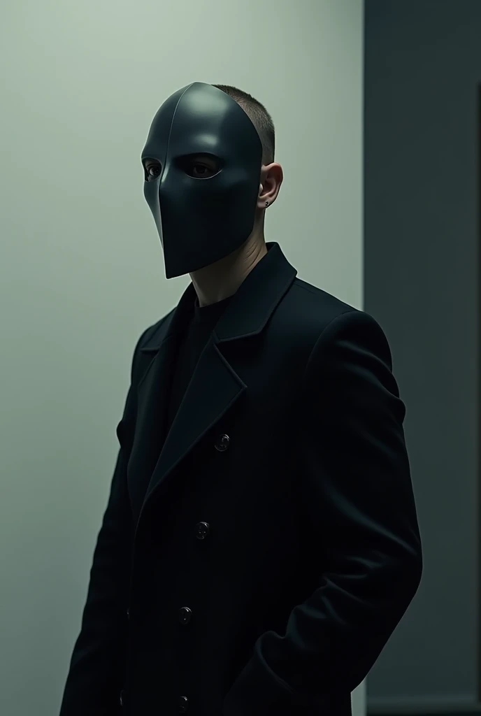 Regenerate poster Image of a man with mask in front of his face with face showing, in hand , not a skeleton with less color in image