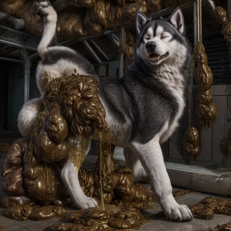 A hyper realistic, ultra detailed image of a husky, fat, (((((feral, husky, solo, raised leg, eyes closed))))), realistic, detailed background, (saliva:0.8), on a klingon star ship, freighter. ((((hyper canine penis, feral standing with raised leg, hyper balls, feral, excessive anal scat, spreading legs, excessive hyper anal feces))))