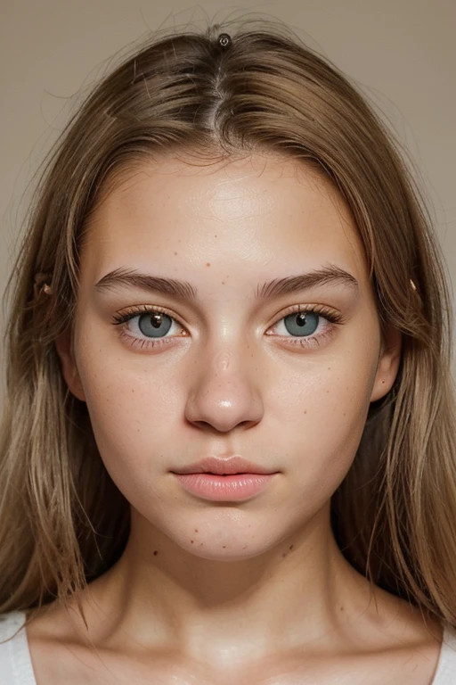 Generates a high quality image of an 18 year old European woman. The image must show your face in high detail, with a focus on correct anatomy. The woman should have facial features typical of a person of this age., like light skin, straight, natural-colored hair (rubio, brown or black), and clear eyes. Make sure the lighting and shadows are natural to highlight the precision in the details of the face.