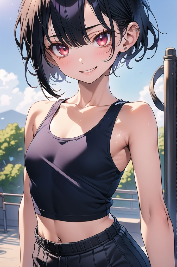 ((masterpiece,Highest quality:1.3,best quality illustration)),((realistic:1.2)),cowboy shot,solo,1woman,18 year old beauty、black hair,short bob hair,(center parted bangs),black eyes,(gorgeous big eyes),((very small head:1.4)),shy,smile,((slender body:1.2,skinny)),(tan skin:1.4),small breasts,(purple tank top、school gym red buruma),gleaming skin,oily skin,slender body,sweat,standing,playground、Schoolyard、School、Tokyo、