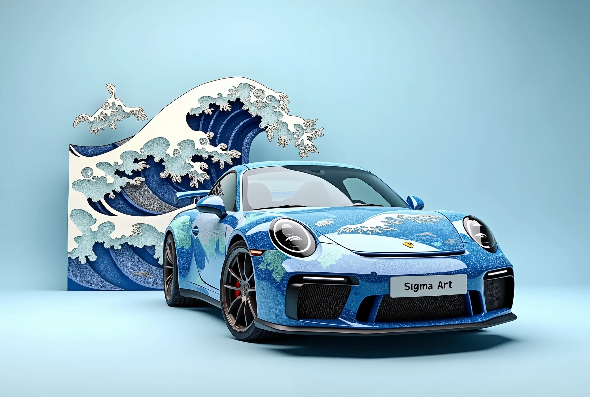 generate a stunning, minimalist scene featuring a Porsche 911 GTS, numberplate reads "Sigma Art", adorned with intricate Japanese wave art painted on thew car, inspired by Hokusai’s 'The Great Wave off Kanagawa.' The car’s livery seamlessly blends shades of deep blue and white, depicting elegant ocean waves rolling across its sleek body. In the background, a three-dimensional wave sculpture mirrors the car’s design, with soft paper-like textures giving it an artistic and surreal quality. The scene is set against a clean, light blue background, allowing the detailed artwork to take center stage, while the car’s powerful form remains sharp and striking.