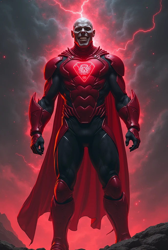 1man, alien, villain, razor-sharp teeth, coral skin, big shoulders, red high-tech uniform with black accents, black pants, red boots and forearm wraps, red lantern insignia, red aura, space background