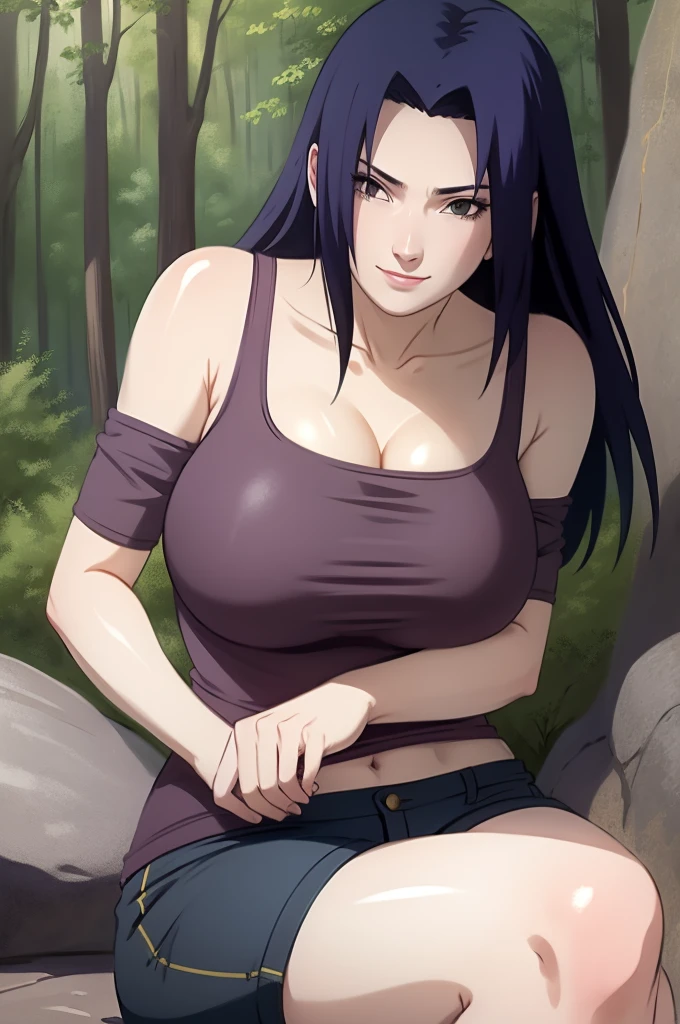 Mikoto Uchiha and 1guy,  oil painting, highly detailed, realistic, portrait, bright colors, soft lighting, (best quality, 4k,8k, height, masterpiece: 1.2), (big round breasts: 1.5), professional, long black hair, eyes black, beautiful detailed eyes and face, very detailed smile, long eyelashes, sitting on a rock, looking towards the viewer, black top, short pants, big butt, bare shoulders, stocking, outdoors, forest, cowboy shot, collarbone, sweating, hot pose , sex scene, sex with guy