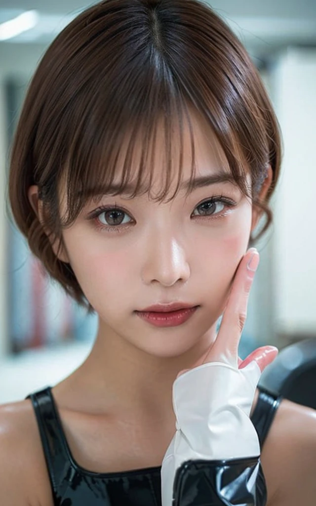 ((masterpiece, Best Quality, Illustration, Ultra-detailed, finely detail, high resolution, 8K, Perfect dynamic composition)), 1 beautiful girl, a bit chubby:0.3, pointing at the viewer, ((close up:1, looking at viewer)), Beautiful detailed eyes, (wearing Latex Costume, Latex gloves, short bob-hair, color base on white black),