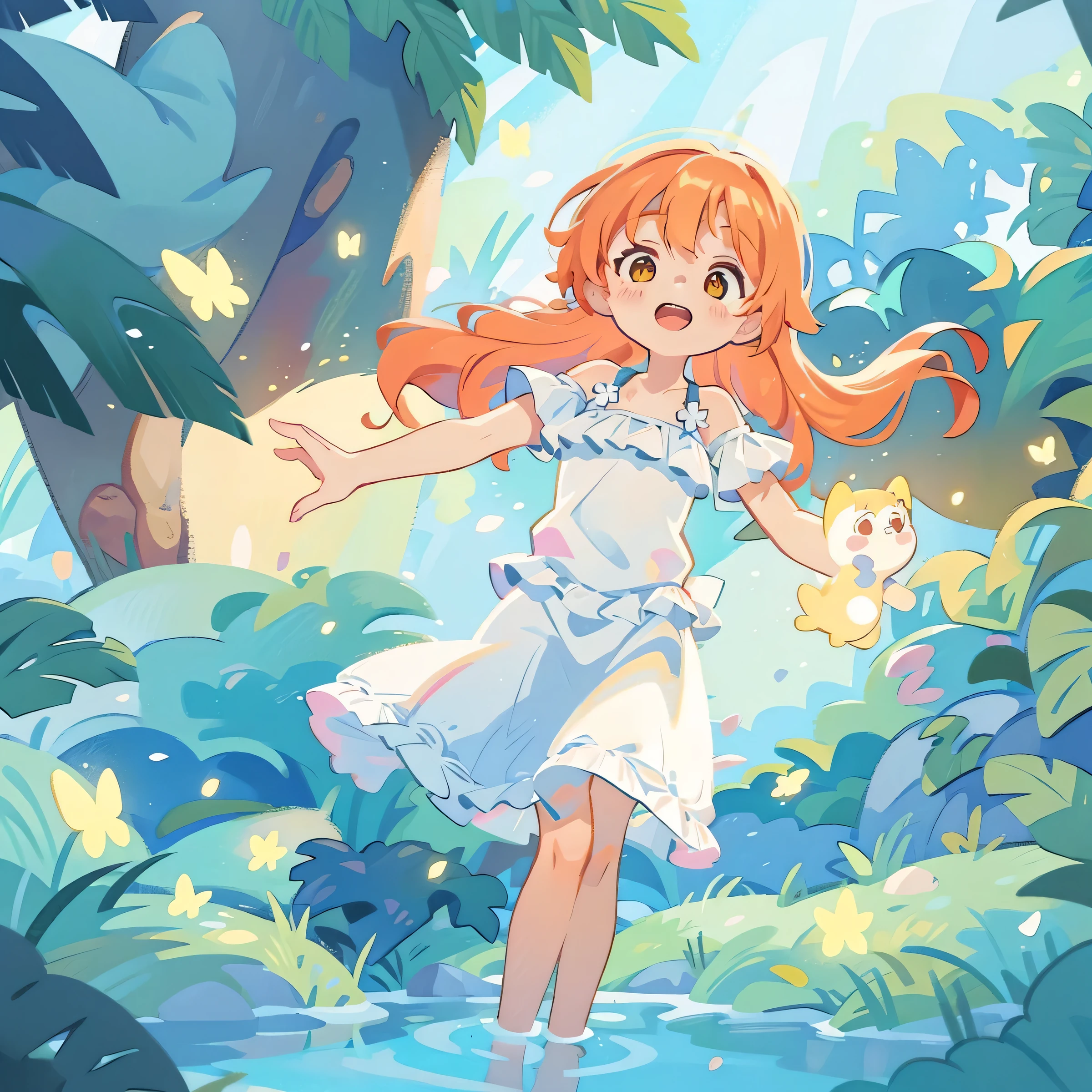 picture book illustration, watercolor storybook illustration, vibrant pastel colors, dreamy, colorful, whimsical, magical, masterpiece, best quality, sharp focus, intricately detailed environment, fine detail, 8k resolution, waterfall lagoon, water nymph girl, (magical lagoon), (waterfall, lake), (beautiful girl, Orange hair, swimming in water), glowing lights, fireflies, glowing butterflies, glowing pixies