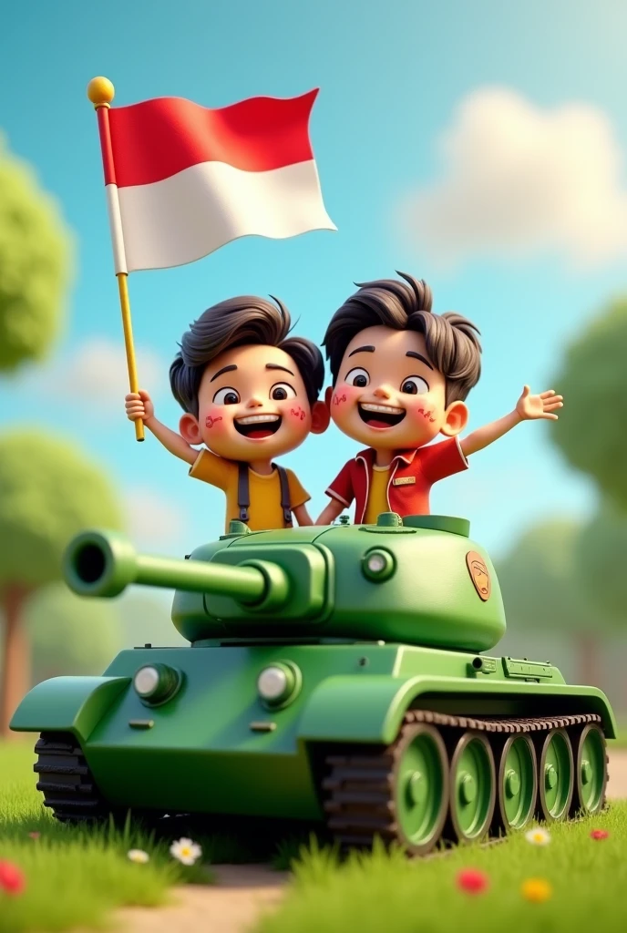 A young man and woman holding an Indonesian flag flying on a tank, smiling happily, with small flag tattoos on their cheeks. made like animated characters with big heads. 3D. cute. realistic. green tank on grass